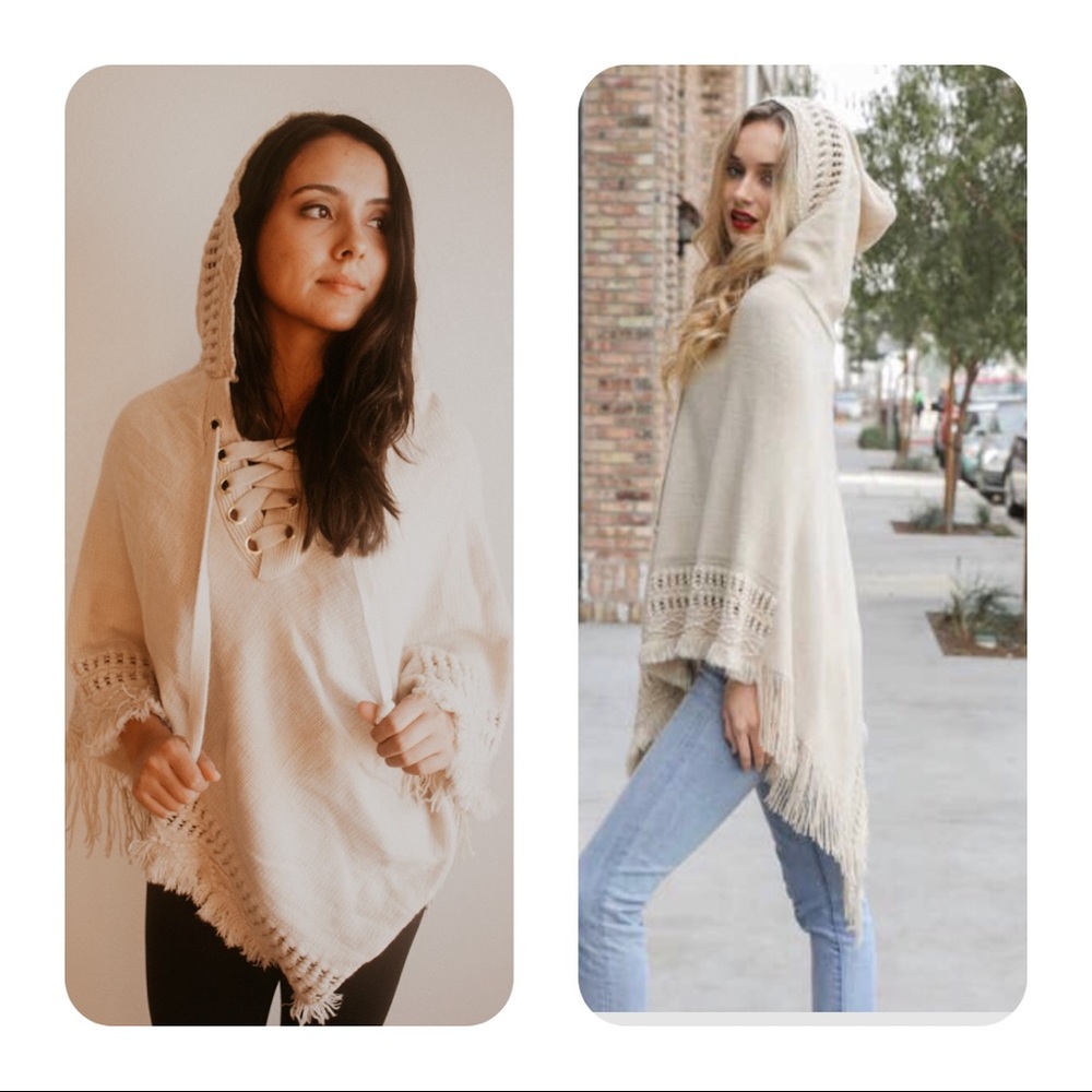 Lace up Knit Poncho with a hood - oatmeal